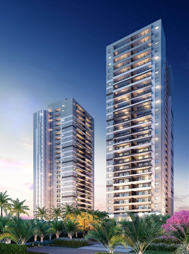 Fachada de lançamento das torres residenciais do The Gardens Reserva Tatuapé ao anoitecer, com o paisagismo