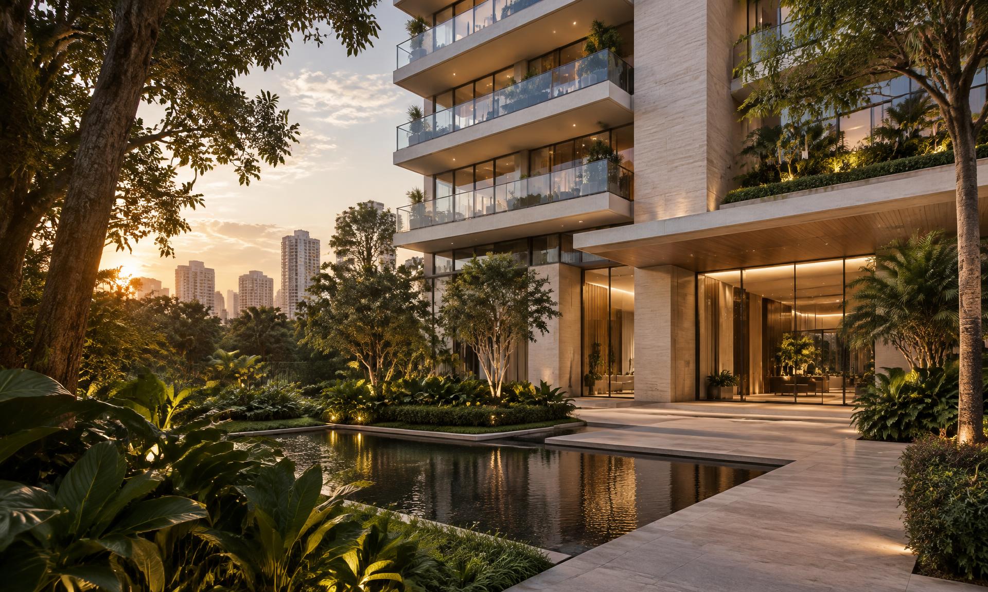 Edifício residencial contemporâneo cercado por jardins ao entardecer